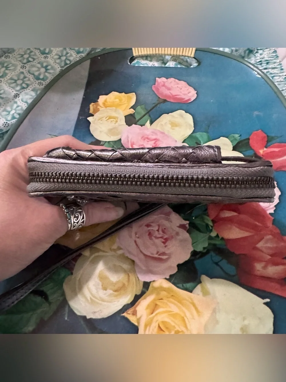 Elliott Lucca Metallic Silver Woven Zip Phone Wallet